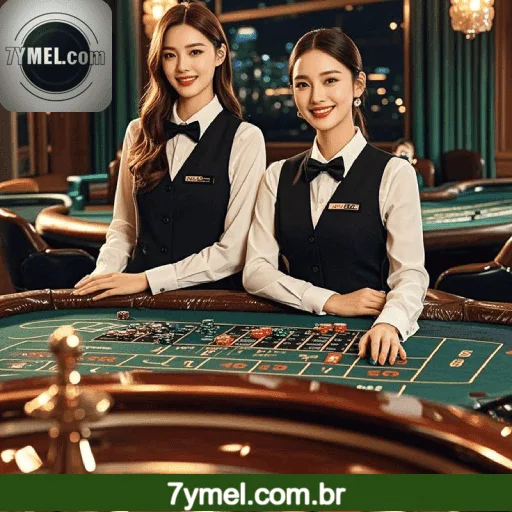 Imagem mostrando o cassino ao vivo da 7YMEL com dealers reais conduzindo jogos de mesa